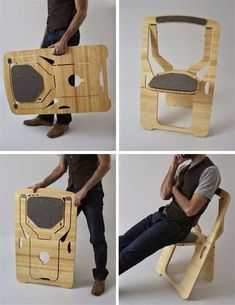 four different views of a chair made out of wood