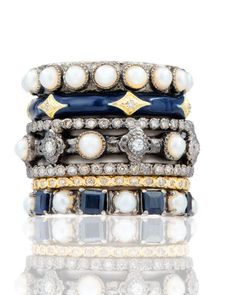 Grey Sterling Silver Stack Band Ring with Blue Sapphires and White Freshwater, Cultured Pearls. Dimensions: Band Width: 0.14" (3.5mm) Ring Stack White Gold, Triple Band Ring, Wrap Bangles, Turquoise Drop Earrings, Mixed Metal Jewelry, Ring Stack, Ruby Sapphire, Turquoise Rings, Champagne Diamond