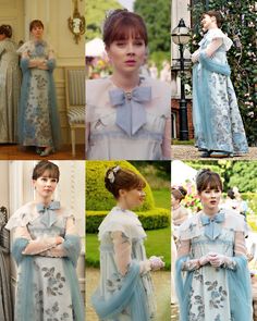 several pictures of women dressed in blue and white dresses, including one wearing a dress with flowers on it