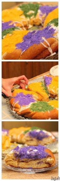 this is an image of the process of making mardi gras cookies with purple and yellow icing