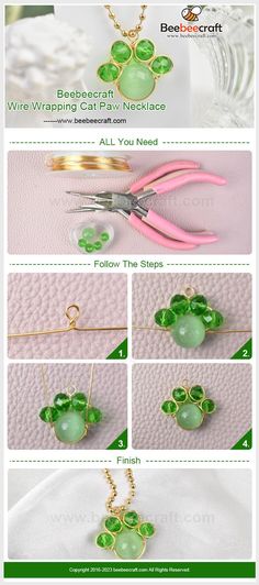 the instructions for how to make wire wrapped necklaces with green glass beads and gold plated