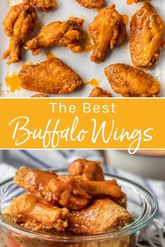 the best buffalo wings recipe is in a glass bowl with sauce on top and an image of