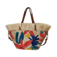 "Material: Bancuan, with Raffia Fringes and Embroidery, Genuine Leather Handles, Fabric Lining Dimensions: SMALL:  Top - 15\" ; Base - 8.5\" ; Depth 5\" ; Height - 7\" LARGE:  Top - 16\" ; Base - 12\" ; Depth 7\" ; Height - 10\"" Bohemian Embroidered Straw Tote Bag, Multicolor Bohemian Straw Bag With Double Handle, Embroidered Natural Bags For Vacation, Tropical Style Multicolor Tote Shoulder Bag, Tropical Multicolor Tote Shoulder Bag, Multicolor Embroidered Bags For Vacation, Tropical Multicolor Tote Bag, Embroidered Multicolor Shoulder Bag For Vacation, Tropical Style Shopping Bags For Summer