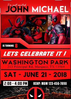 a deadpool party flyer with deadpool characters on the front and back sides, including an image of deadpool