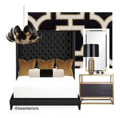 a black and white bedroom with gold accents on the bed, nightstands, mirror and lamp