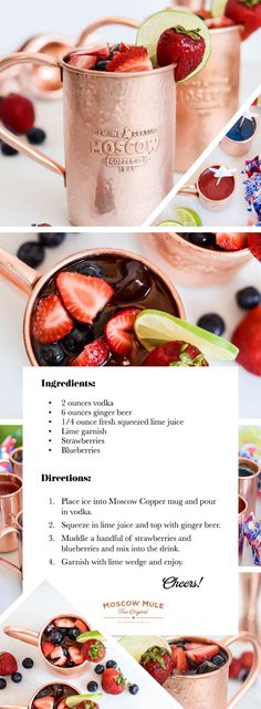 the recipe for this strawberry moscow cocktail is shown in three different pictures, including strawberries and blueberries