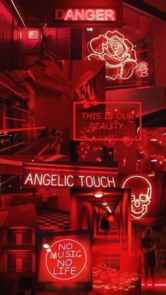 red neon signs are lit up in the dark, and there is no image to describe