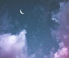 the sky is filled with stars and clouds, as well as a half - moon