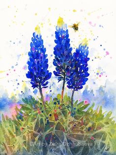 watercolor painting of blue flowers and a bee