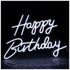 the words happy birthday are lit up in white letters on a black background with neon lights