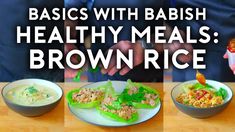 three bowls filled with food sitting on top of a wooden table next to each other