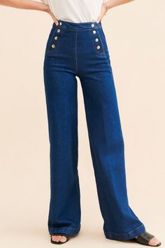 Rent Sailor Snap Wide Leg Jeans from Nuuly. Pick 6 items for $98/month. Free shipping + returns. Sailor Jeans, Rental Ideas, Luxury Jeans, Sailor Jean, Unique Pants, Clothing Rental, Sailor Fashion, Button Design, Wide Leg Jeans