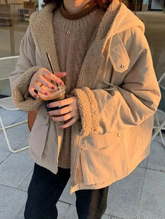 Preppy Reversible Lambswool Hooded Jacket - AnotherChill Kawaii Jacket, Preppy Mode, Girls Outwear, Oversized Parka, Parka Women, Estilo Preppy, Womens Parka, Winter Jackets Women, Solid Clothes