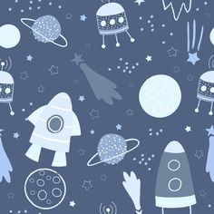 an image of space themed wallpaper with rockets and planets in blue, grey and white