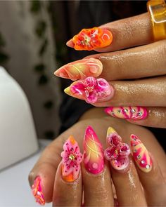 Flower Nails Pink, Garden Nails, Summery Nails, Unique Acrylic Nails, Bling Acrylic Nails, Kawaii Nails, Square Acrylic Nails, Fire Nails