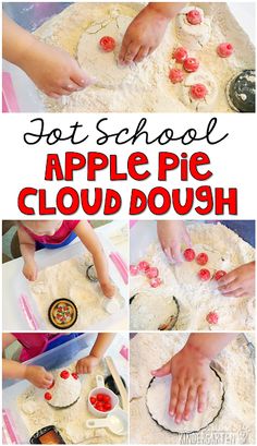 This apple scented cloud dough was super fun to play and make pies with in our apple pie sensory bin. Great for tot school, preschool, or even kindergarten! Preschool Apple Theme, September Preschool, Fall Sensory Bin, Apple Lessons, Apple Preschool, Apple Unit, Fall Preschool Activities, Cloud Dough, Apple Activities