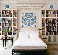 a bedroom with bookshelves and a bed in it