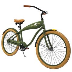 an image of a green bike with wooden spokes