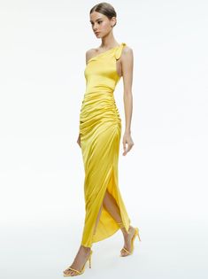 Marilla Off The Shoulder Ruched Maxi Dress In Happy Yellow | Alice + Olivia Strapless Spring Dress With Ruched Sides, Chic Yellow Off-shoulder Maxi Dress, Spring Evening Maxi Dress With Ruched Back, Spring Gala Maxi Dress With Ruched Back, Summer Evening One-shoulder Long Dress, Summer Evening One Shoulder Long Dress, Asymmetrical One Shoulder Summer Gala Dress, Asymmetrical One-shoulder Summer Gala Dress, Summer Evening Long One Shoulder Dress