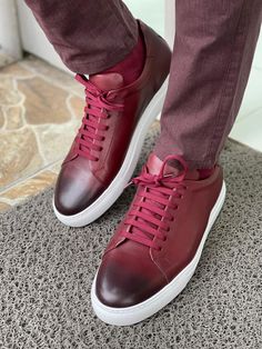 Explore sophistication and comfort with the Martin Burgundy Lace-Up Mid-Top Sneakers. Crafted from high-quality leather with a calf skin lining, these shoes provide an elegant touch suitable for various occasions. The sleek design and cushioned EVA sole ensure durability and comfort for all-day wear, making them perfect for both business meetings and casual outings. Versatile enough to transition from formal dress to smart-casual events, these sneakers are a must-have for the modern man. - Shoes Burgundy Shoes, Claret Red, Mid Top Sneakers, Burgundy Lace, Red Sneakers, Loafer Sneakers, Mid Top, Shoe Gifts, Eva Sole