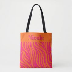 Bold Hot Pink and Orange Abstract with Name Tote Bag Pink Rectangular Shoulder Bag For Mother's Day, Mother's Day Pink Rectangular Shoulder Bag, Pink Tote Bag For Mother's Day, Mother's Day Pink Gift Shoulder Bag, Pink Gift Bag Shoulder Bag For Mother's Day, Pink Gift Bag For Mother's Day, Modern Pink Party Bags, Pink Retro Shoulder Bag As Gift, Retro Pink Shoulder Bag As Gift