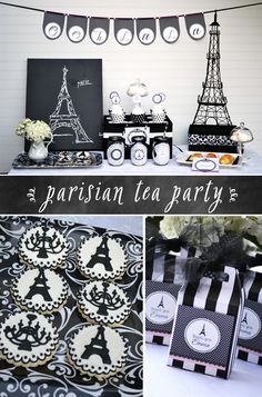 paris tea party with black and white decorations