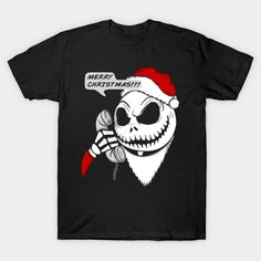 a black t - shirt with an image of a skeleton wearing a santa hat and holding a