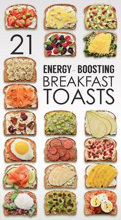 the book cover for 21 energy - boostering breakfast toasts, with pictures of different foods