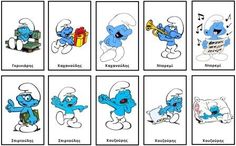 the smurfs characters are depicted in these cartoon book pages, each with their own name