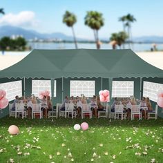 a group of people sitting at tables under a tent on the grass with balloons in front of them