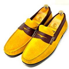 Brown Calf Leather Crossed On Yellow Suede Loafers Spring Gala Moccasins With Leather Sole, Formal Suede Moccasins With Contrast Sole, Formal Spring Moccasins With Suede Lining, Formal Slip-on Suede Boat Shoes, Spring Formal Loafers With Contrast Sole, Yellow Leather Slip-on Loafers, Yellow Formal Loafers For Spring, Formal Yellow Loafers For Spring, Spring Suede Moccasins With Brogue Detailing