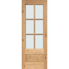 a wooden door with glass panels on the top and bottom panel, in an unfinished wood frame