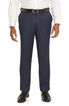 A crisp flat-front cut defines office-ready pants crafted with plenty of comfortable stretch and clean, classic appeal. Zip fly with hook-and-bar closure Front slant pockets; back welt pockets 68% polyester, 29% viscose, 3% elastane Dry clean Imported Elegant Straight Bottoms For Business Casual, Straight Stretch Dress Pants For Formal Occasions, Elegant Straight Fitted Pants, Tailored Work Pants With Welt Pockets For Office, Fitted Suits With Belt Loops For Office, Elegant Slim Fit Straight Pants, Formal Straight Elastane Dress Pants, Formal Straight Dress Pants With Elastane, Elegant Stretch Dress Pants Straight Fit