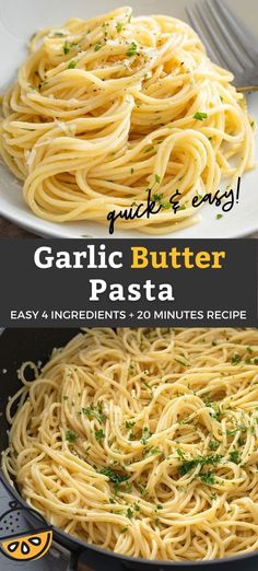 garlic butter pasta in a skillet with text overlay