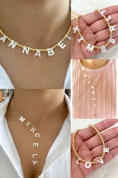 Mother of pearl name necklace Beautiful and dainty 18k Gold filled chain with mother of pearl letters. You can personalized it with your initials, your name, kids name or any other word. The length of the necklace is the length of the chain around the neck. You can choose the length which fits better for you ..................................... MATERIAL AND SIZE: 18k Gold filled cable chain Mother of pearl letters Letters size: 1 cm Length: 15, 16, 17 and 18 inches …………………………………. White Custom Name Initial Pendant Jewelry, White Custom Name Initial Pendant Charm Necklace, White Custom Name Jewelry With Initial Pendant, Dainty White Personalized Necklace, Dainty Name Necklace With Letter Beads As Gift, Elegant Initial Necklace With Letter Beads For Personalized Gift, Dainty Name Necklace With Letter Beads For Gift, White Custom Name Initial Pendant Necklace, Custom Name Initial Pendant Necklace In White