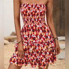 Smocked Bandeau Printed Ruffled Mini Dress Red Floral Print. Size Large (Approx. 12-14) Brand New W/Tag From Beachsissi Baby Doll Style Dress, Black Sundress, Eyelet Maxi Dress, Ruffled Mini Dress, Mini Dress Red, Watercolor Dress, Mock Neck Sweater Dress, Athleta Dress, Flowy Mini Dress