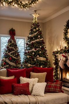 a living room decorated for christmas with red and white pillows on the couch, trees in the background