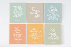 four cards with different sayings on them in pastel and light blue, peach, green