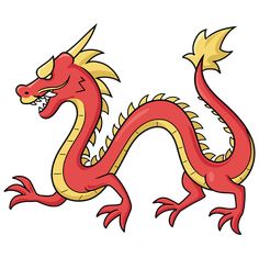 a red and yellow dragon is standing upright on its hind legs, it's head turned to the side