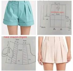 four different views of shorts with measurements