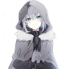 an anime character with green eyes wearing a hooded coat