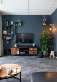 a living room with blue walls and grey carpeted flooring, a large television on the wall