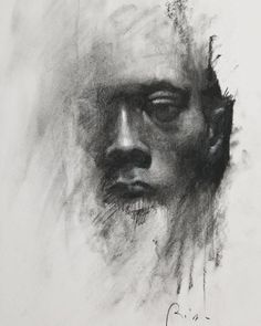 a black and white drawing of a man's face with his eyes closed to the side