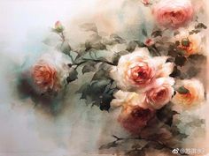 watercolor painting of pink roses with green leaves