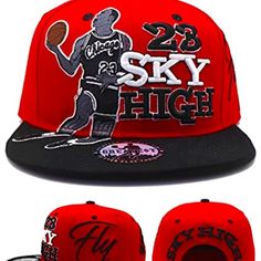 a red and black hat with the words sky high on it