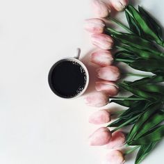 some pink tulips and a cup of coffee