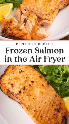 two white plates with salmon and greens on them, one is grilled and the other has frozen salmon in the air fryer