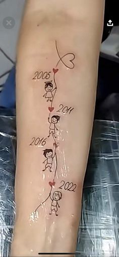 a person with a tattoo on their arm that has the names of two people in it