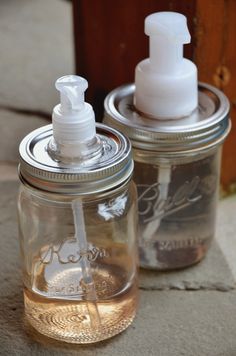 two mason jars with soap dispensers sitting on top of each other and the words no glue soap dispenser above them