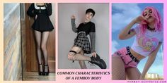 three different pictures with the same person in them and text that says, common characteristics of a female body type